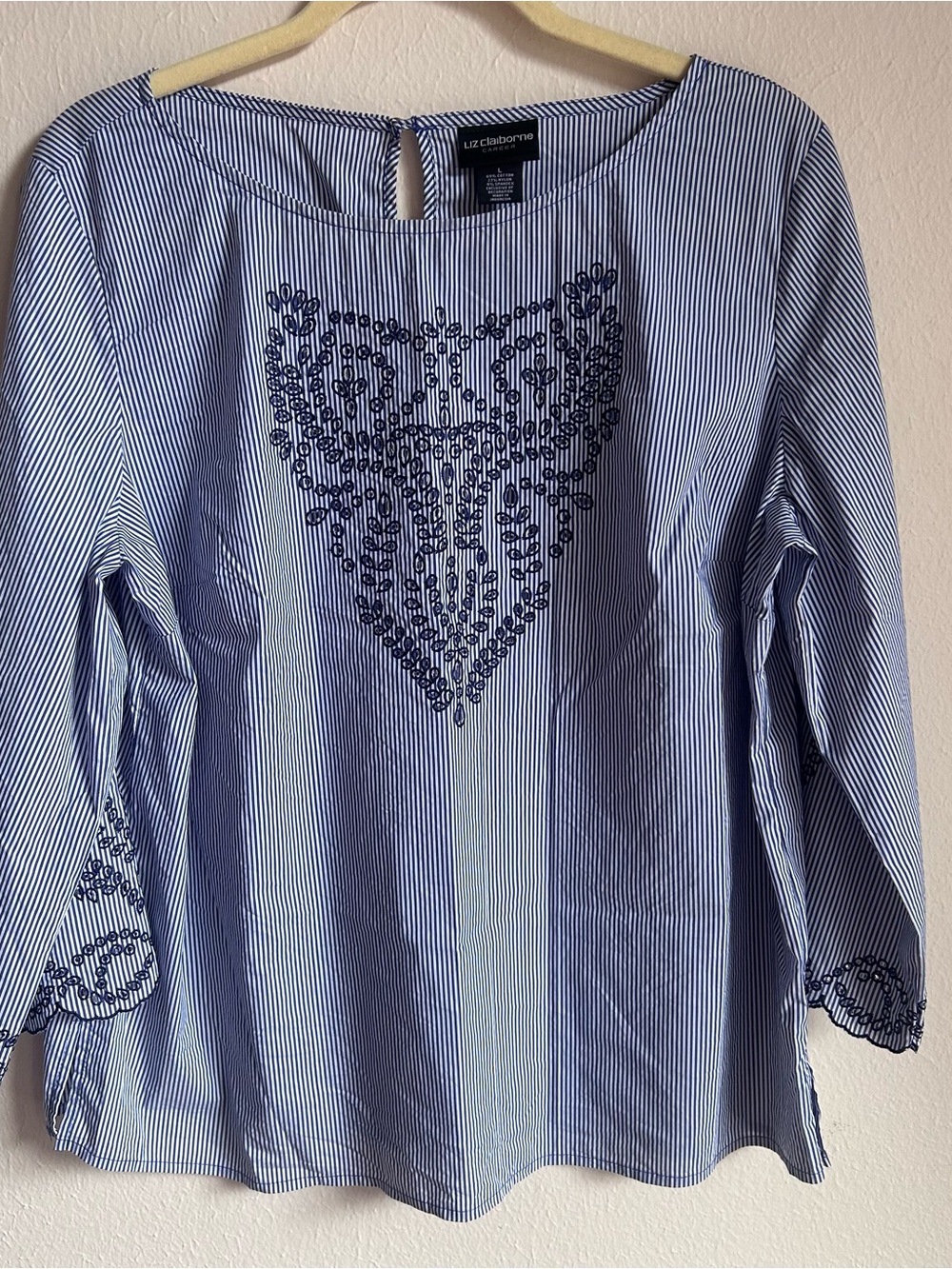 Embroidered Peasant Top blouse Sz L Blue Preppy Coastal Cottage